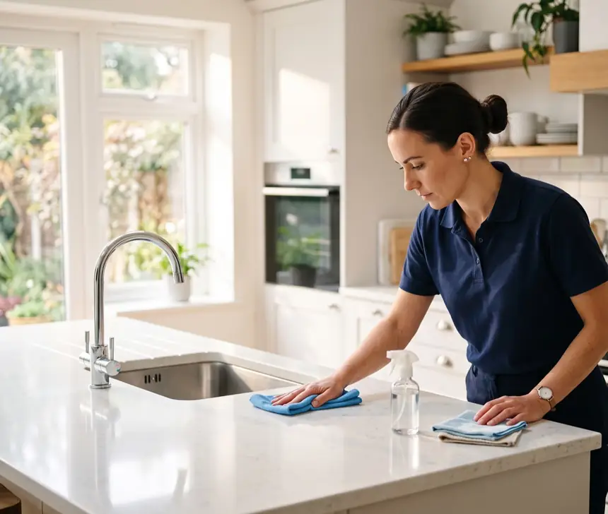 A professional cleaner carefully wiping down window shutters in a bright room