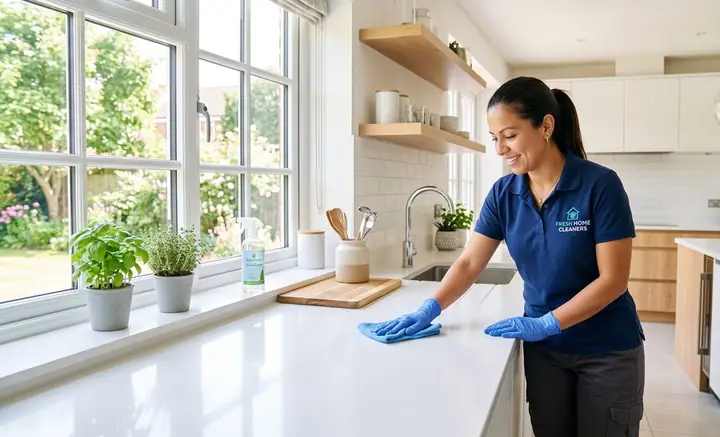 A professional cleaner wiping down a kitchen counter in a bright modern home